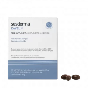 Kavel M complemento alimenticio en cápsulas anticaída y con Serenoa repens zinc hierro extracto de Eruca sativa vitaminas (B6 y B8) de sesderma